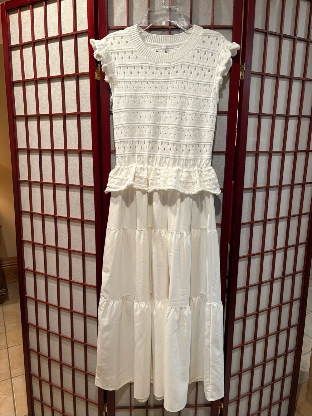 White Knit Ruffle Top with Tiered Maxi Dress